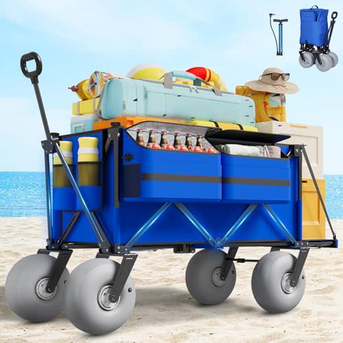 Beach Wagon with Big Wheels for Sand - 450lbs Load Heavy Duty Wagons Carts Foldable with 9" All Terrain Inflatable Tires, Collapsible Beach Cart for Grocery Shopping Garden Sports Camping Outdoor
