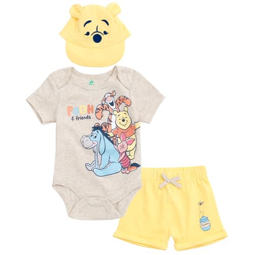 Disney Pixar Baby Bodysuit, Shorts and Baseball Cap 3 Piece Outfit Set Newborn to Infant Sizes (Newborn - 24 Months)