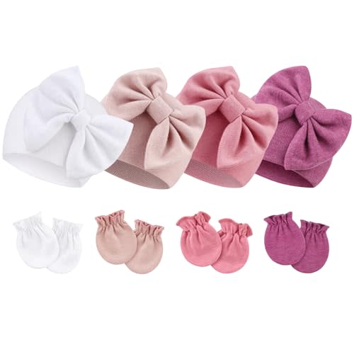 BQUBO Newborn Baby Hats Mittens Set Cotton Hospital Hat Preemie Infant Bow Hats No Scratch Mittens for Baby Girls 0-6 Months