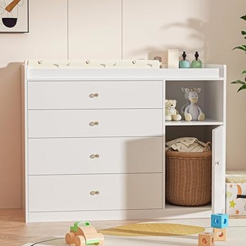 Nursery Dresser Changing Table Dresser with Changing Table Top Baby Diaper Changing Station with 5 Drawers for Infants Chest Storage Changing Station Nursery Organizer,White