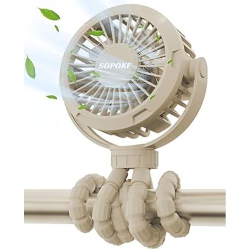 SOPOKE Mini Portable Baby Stroller Fan,3 Speed Personal Handheld Fan,Battery Operated Rechargeable 360° Flexible Tripod Cooling Fan, Suitable for Car Seat Crib Treadmill Golf Cart Travel(Yellow)