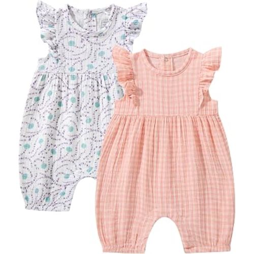 TRND O&X Baby Girl 2-Pack Cotton Gauze Rompers, Floral & Gingham Ruffle Sleeve Summer Playsuits