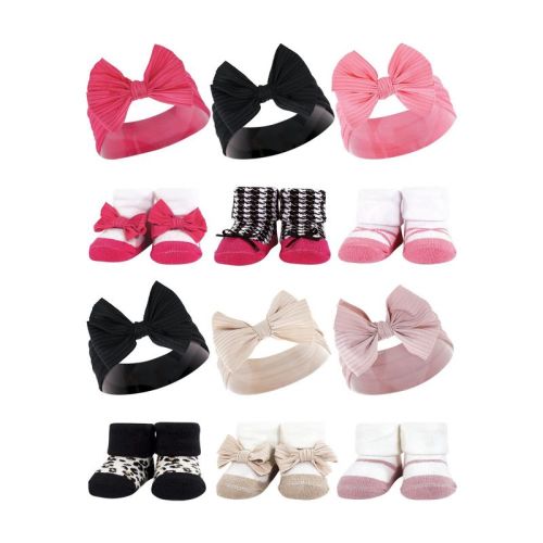 Hudson Baby Infant Girl 12Pc Headband and Socks Giftset, Pink Black Taupe Pink, One Size