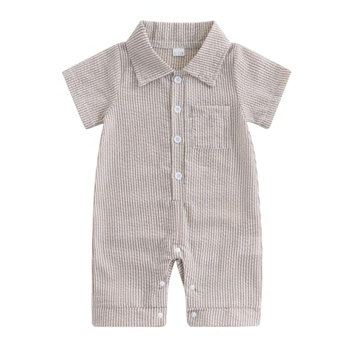 niceclould Baby Boy Vertical Striped Romper with Pockets One Piece Lapel Neck Short Sleeve Buttons Jumpsuit Spring Summer