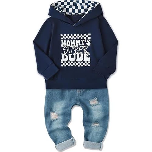 YALLET Toddler Baby Boy Clothes, Long Sleeve Letter Hoodies Top+Ripped Denim Pants 2pcs Fall Winter Outfit Sets