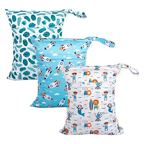 babygoal Wet Dry Bags for Baby Cloth Diapers, Washable Travel Bags, Beach, Pool, Gym Bag for Swimsuits & Wet Clothes with Two Zippered Pockets 3 Pack, 3LN12