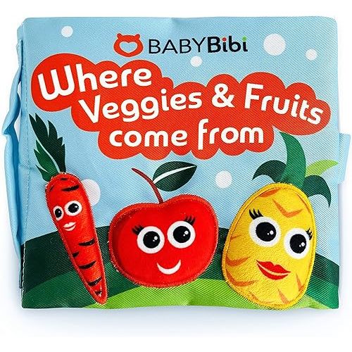 Soft Baby Book, ''Where Veggies & Fruits Come from''. Interactive Teething Infant Book, Touch & Feel, Crinkle Cloth Book for Babies 3 Months+