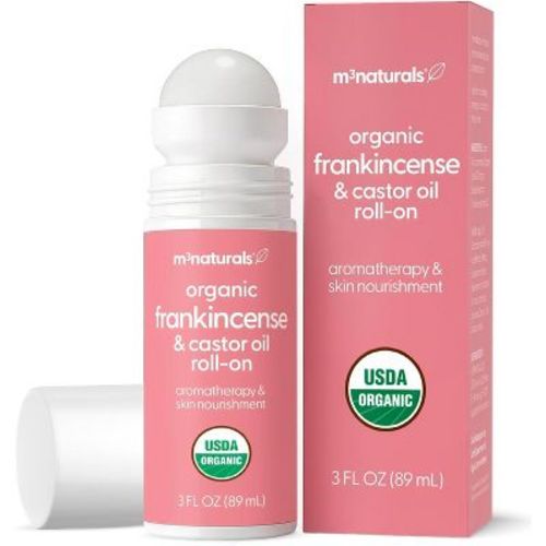 M3 Organic Castor Oil + Frankincense Roll-On, USDA, Cold-Pressed, Hexane Free Body Massage Oil for Aromatherapy & Lymphatic Massage, 3 oz