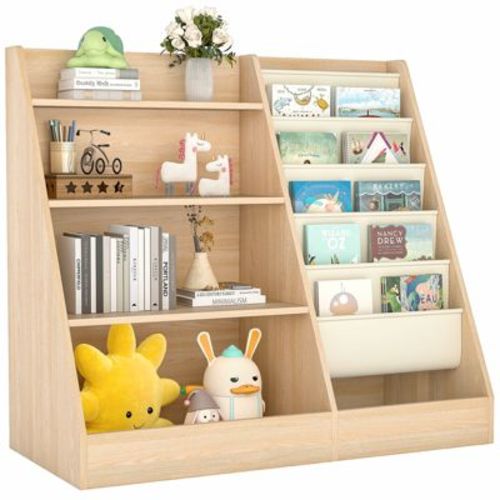 Kids Bookshelf with 5-Tier Sling Pockets and Toy Storage, Wooden Book Display Organizer, White
