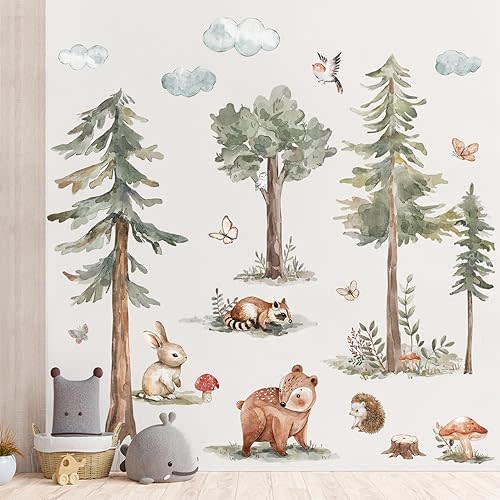 Amaonm Large 63x 51inch Woodland Forest Pine Animals Wall Decal Sticker, Whimsical Landscape with Trees, Rabbits, Hedgehogs, Birds, Wall Art Decor for Kids Baby Girls Bedroom Living Room Nursery