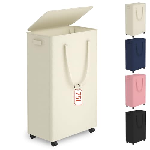 Slim Laundry Hamper with Wheels,20 Gal (75L) Rolling Laundry Basket with lid and wheels Clothes Hamper Foldable Tall Dirty Clothes Basket Sturdy Collapsible Clothes Hamper for Dorm,Laundry Room