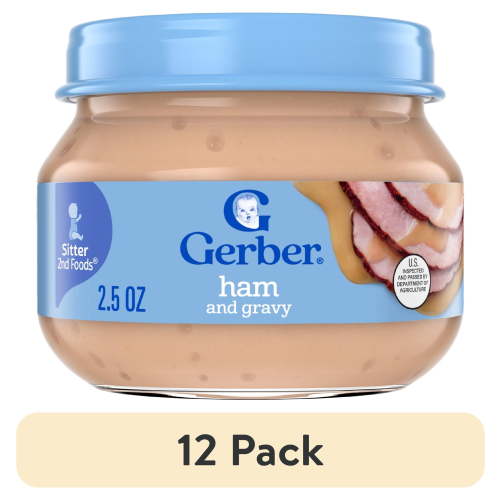(12 pack) Gerber Stage 2 Baby Food, Ham and Gravy Jar, Baby Puree Jars Glass 2.5 oz