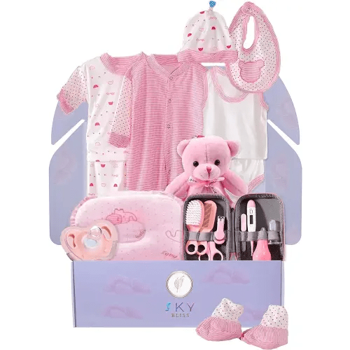 Sky Bliss 20 Piece Baby Gift Set (Pink), Newborn Baby Gift Set, Baby Clothes, Teddy Bear, Pacifier, Baby Grooming kit, Gifts for a New Baby Girl, Baby Girl Newborn Essentials