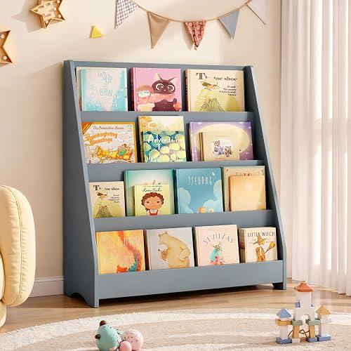 Tatub 4 Tier Kids Wooden Bookshelf for Toddler, Gray
