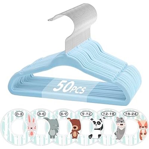 VIS'V Baby Hangers, 11 Inch Velvet Kids Hangers with 6 Pcs Clothes Size Dividers, Infant Toddler Nursery Closet Organization, Non Slip, Blue, 50 Pcs