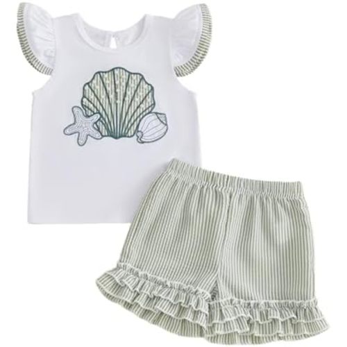 Kavousa Toddler Girl Summer Clothes Baby Girl Ruffle Shirt Top and Shorts Set Beach 2 Piece Outfits