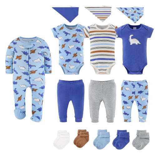 The Peanutshell Blue Dino Baby Boy Clothes Set, Sleepers, Bodysuits, Bibs and Socks, 3-6 Months, 15-Pc