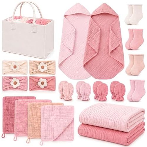 21 Pcs Newborn Gift Basket Baby Must have Muslin Towels Swaddle Blanket Baby Bib Mitten Hairband Sock Diaper Caddy