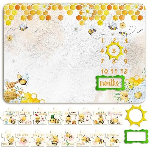 Bee Baby Monthly Milestone Blanket for Boy Girl, Newborn Photography Background Decor, Bee Nursery Decor, Photo Blanket for Newborn Included Soft Flannel Blanket