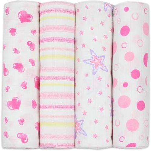 j & alex 100% Cotton Muslin Swaddle Blankets, Set of 4 - Receiving Blanket for Baby Girls and Boys, Pink Large Swaddles 47 x 47 in.