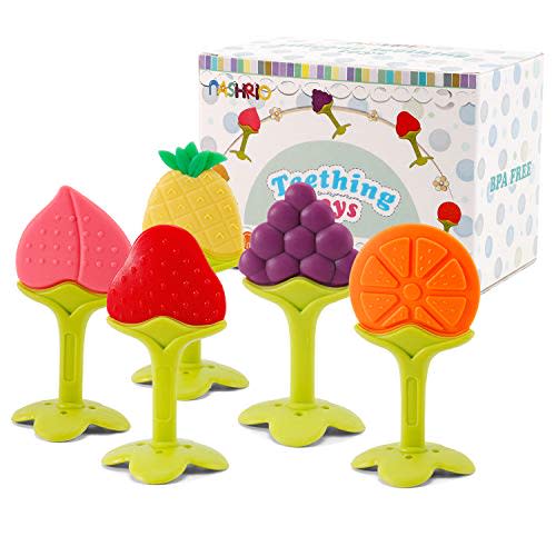 NASHRIO Baby Teething Toys Pack of 5 - Silicone BPA Free Natural Organic Freezer Safe Teethers for Newborn Infant, Soft & Textured - Babies Shower Gift