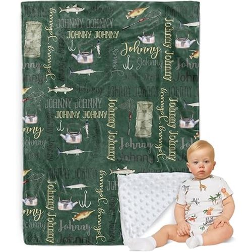 Personalized Baby Blanket - Fishing Angling Theme with Multi-Fonts Names - Custom Soft Plush Double Layer Blankets with Dotted Backing for Boys Girls Gifts Color24