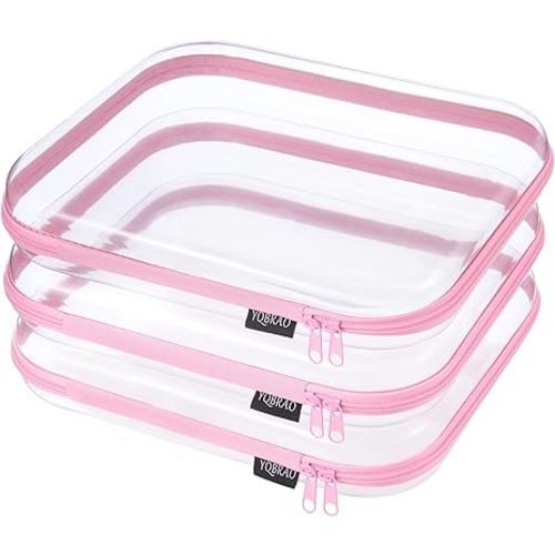 YQBRAO 3-Pack Large Clear Hard Shell Zipper Case, 1.2mm Ultra-Thick Rigid Toy & Closet Organizer, Heavy-Duty Diaper Bag Pouch Set with YKK Zippers, Waterproof Travel Storage (Pink)