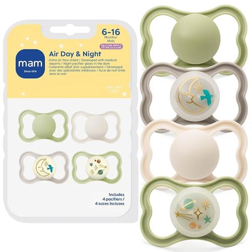 MAM Air Pacifier for Babies 6-16 Months, Extra Air Flow for Sensitive Skin, Glows in The Dark, Developed with Medical Experts, BPA-Free Skin Soft Silicone, 4 Count, Made in Europe