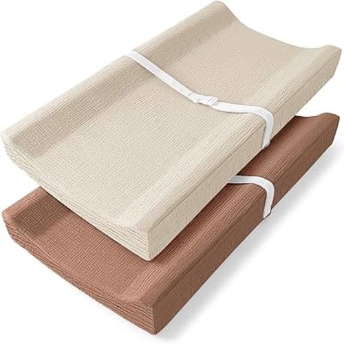 Bearmoss Changing Pad Cover, 2 Pack Muslin [100% Cotton] Diaper Changing Table Covers, 32'' x 16'' Soft Breathable Changing Pad Sheets for Unisex Baby Girls and Boys with Strap Holes (Cappuccino)