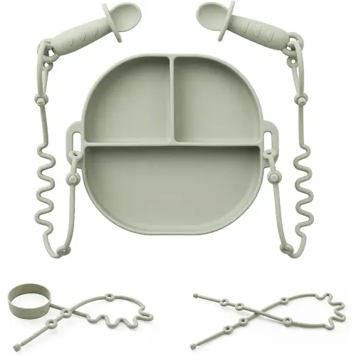 Andy Bear Silicone Plates for Babies with Suction Divided Baby Spoons Silicone Baby Toy Straps All-in-one Plates Silicone Placemat for Babies Toddlers Attachable Tethers & Built-in Suction Cups-Sage