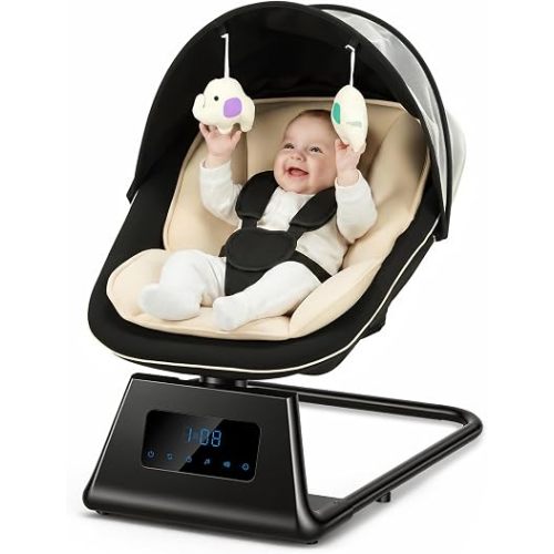 Pamo Babe Portable Baby Swing - Electric Baby Rocker with Cry Detection, 5 Swing Speeds, Bluetooth & Remote Control, Adjustable Backrest, Indoor & Outdoor Swing Chair for Newborn Babies - Black