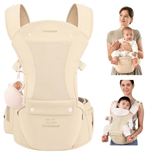 Bebamour Baby Carrier with Hip Seat,All-Position Breathable Mesh Hip Seat & Carrier 0-36Months with Head Hood, 3 PCS Cotton Pads, Waist Extender,Storage Bag & Pacifier Case,Gold