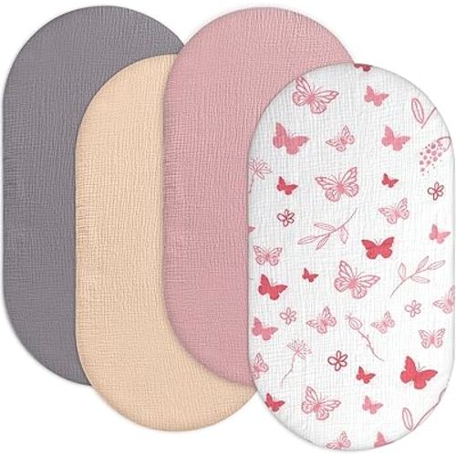 100% Muslin Baby Bassinet Sheets for Baby Boy Girls,4-Pack Fitted Bassinet Sheets Set Compatible with Halo Bassinest Swivel Sleeper,Baby Delight,Angelbliss,32"X16" (Pink Butterfly)
