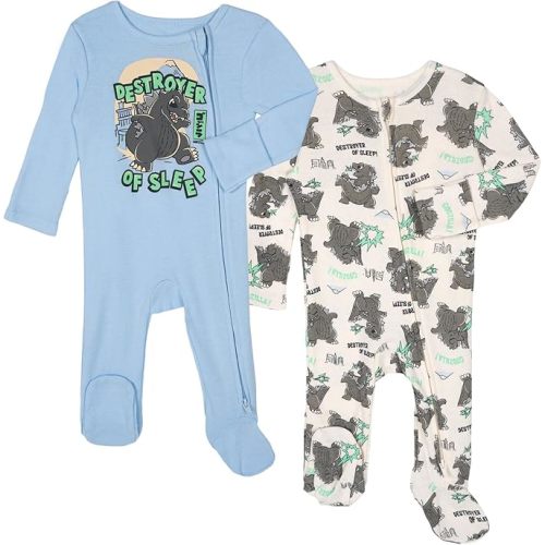 Godzilla Newborn Baby Boys 2 Pack Sleep N' Plays 2-Way Zip Cream Beige/Pastel Sky Blue 0-3 Months