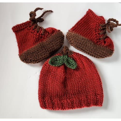Red Apple Booties and Hat Set Handknit 3-6 Months Made to Order