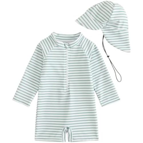 FishingDino Baby Swimsuit Newborn Girl Boy Rash Guard Set 0M-3T, Long Sleeve UPF Toddler Bathing Suit with Hat & Front Zipper