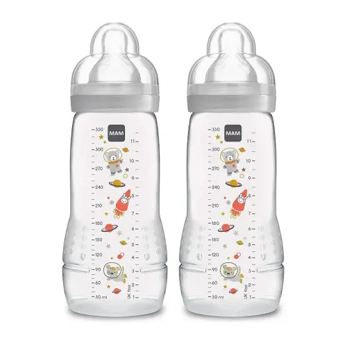 MAM Easy Active Baby Bottles 11oz, Fast Flow Skinsoft Silicone Nipple with Wide Neck Ergonomic Design, Easy to Hold, BPA-Free, Bottles with Leak-Proof Caps for 4+ Months Baby