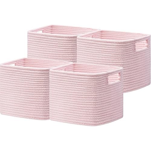 UBBCARE Storage Cubes 4 Pack, 11x 11x 7.8 Cube Storage Bin with Handles, Cotton Rope Baskets for Organizing, Woven Baskets for Shelf, Baby Nursery, Toy Storage, Closet, Classroom, Pink