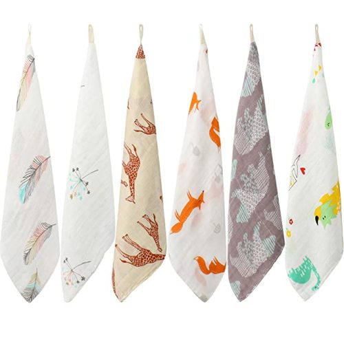 LifeTree Baby Washcloths for Newborn, Soft 6 Pack Muslin Baby Wash Cloths for Boys Girls, Bamboo Cotton Face Towels, Bibs for Newborn with Sensitive Skin, Perfect for Baby Registry 10.6 x 10.6inch - New Style 6 Pack