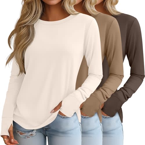 Huukeay 3 Pack Womens Long Sleeve Cotton Shirts with Thumb Holes | Basic Tunic Tops, Casual Fall Clothes, Loose Fit Layering Tees, Crew Neck Soft Plain Thermal Sweater, Ladies Winter Outfit