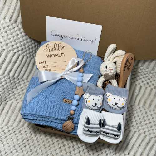 Newborn Baby Boy Gift Box Welcome Baby Boy Birth Set Bundle Of Joy Package Blue Box For Little One Boy Baby Shower Baby Birthday Care Basket