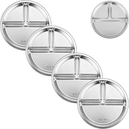 PandaEar 3 Pack Stainless Steel Divided Plates for Kids, 8.1” Portion Control Plates with 3 Compartments, Reusable Metal Dishes for Balanced Meals, Camping & Home Use (3, Silver)