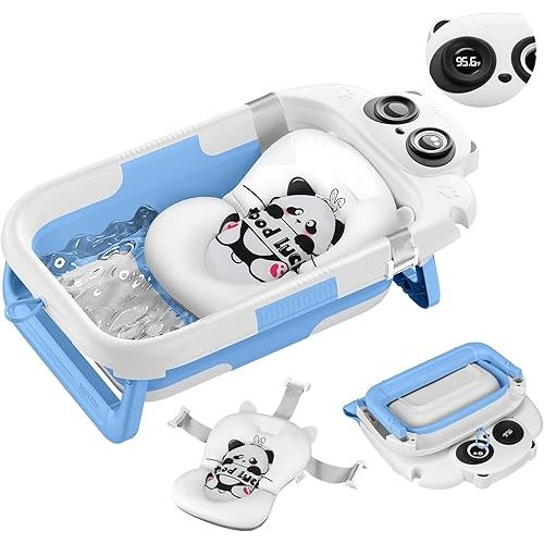 Collapsible Baby Bathtub for Newborn, Baby Bath Tub with Thermometer & Soft Floating Cushion & Drain Hole for Infant to Toddler, Portable Travel Bathtub with No-Slip Feet for 0-36 Months-Blue