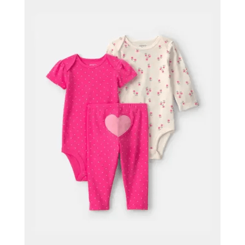Baby Girl 3-Piece Heart Bodysuit & Pant Set - Pink/Ivory | Carter's
