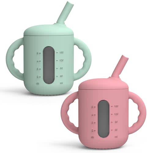 Seposeve 2 Pack Silicone Sippy Cups, Leak-Proof Baby Straw Cup for 6-12 Months, Spill Proof Toddler Cup with Straw 1-3 Years, with Capacity Marking, Non-slip Handle, Flow Control, 6 oz, Green Purple