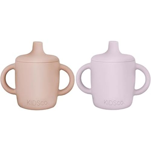 KIDSco. Silicone Sippy Cups (2 Pack) – Soft Spout & Easy Grip Handles for Babies 6+ months, Plastic Free, Toxic Free Silicone, Leak-Resistant, Dishwasher Safe (Pink and Purple)