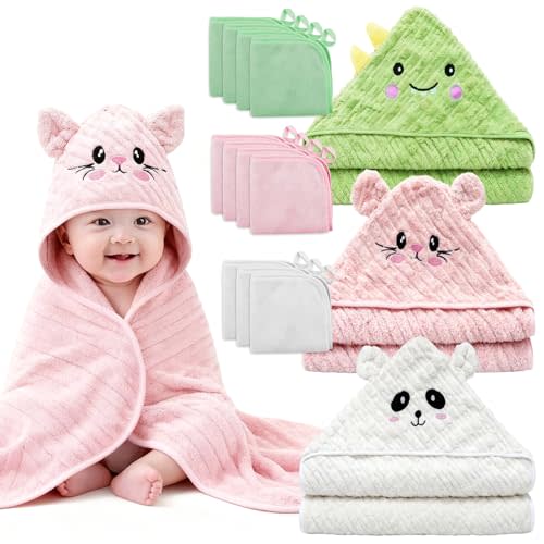 14 PCS Thicken Baby Towels Set, 3 PCS Soft Hooded Baby Towels & 11 PCS Washcloths, Baby Bath Towels for Newborns, Infants & Toddlers, Ultra Absorbent, Cute Baby Towel Gift for Girls