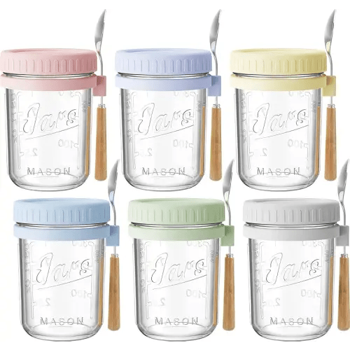 16oz Glass Overnight Oats Containers with Lids & Spoons, 6 Pack MultiColor