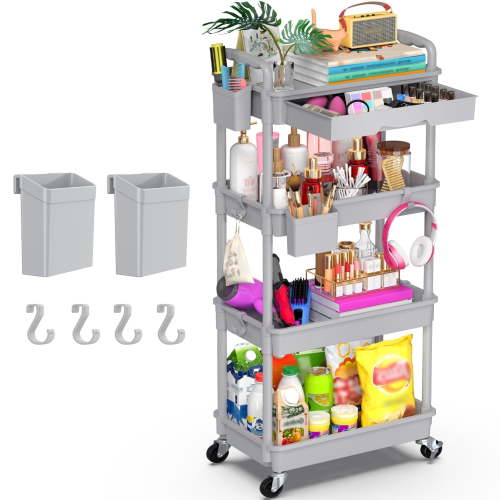 Yeabett 4 Tier Rolling Utility Cart Organizer with Removable Drawer, Mobile Storage Carts with 2 Lockable Wheels for Bathroom, Kitchen, Snack, Craft, Makeup, Baby Essentials, Grey