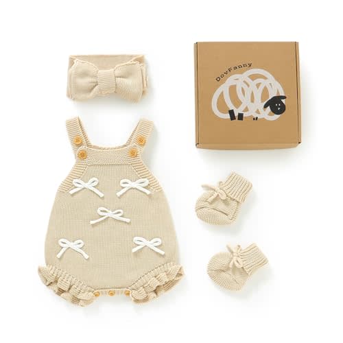Newborn Baby Jumpsuit Knit Romper Sweaters Overalls | 3 PCS Gift Set with Booties and Headband for Baby Boy Girl